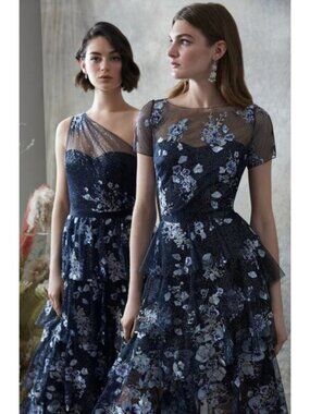 Marchesa Notte Embroidered Glitter Tulle Asymmetrical Ruffle Tiered Dress